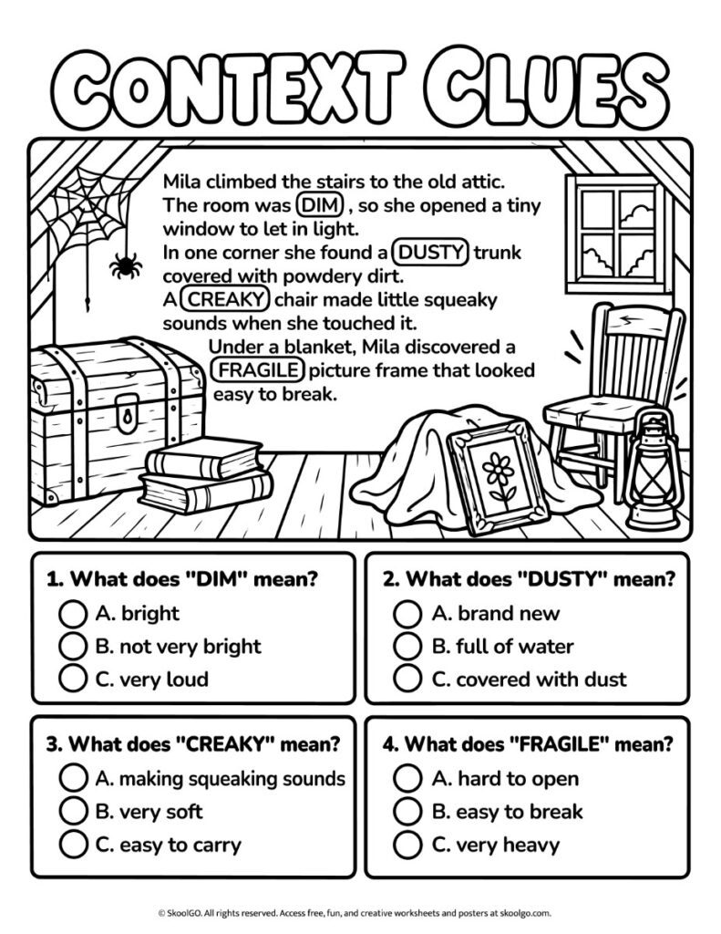 Context Clues – Black-and-White Halloween Vocabulary Worksheet Black-and-white Halloween context clues worksheet featuring an attic reading passage, four vocabulary words, and multiple-choice questions.