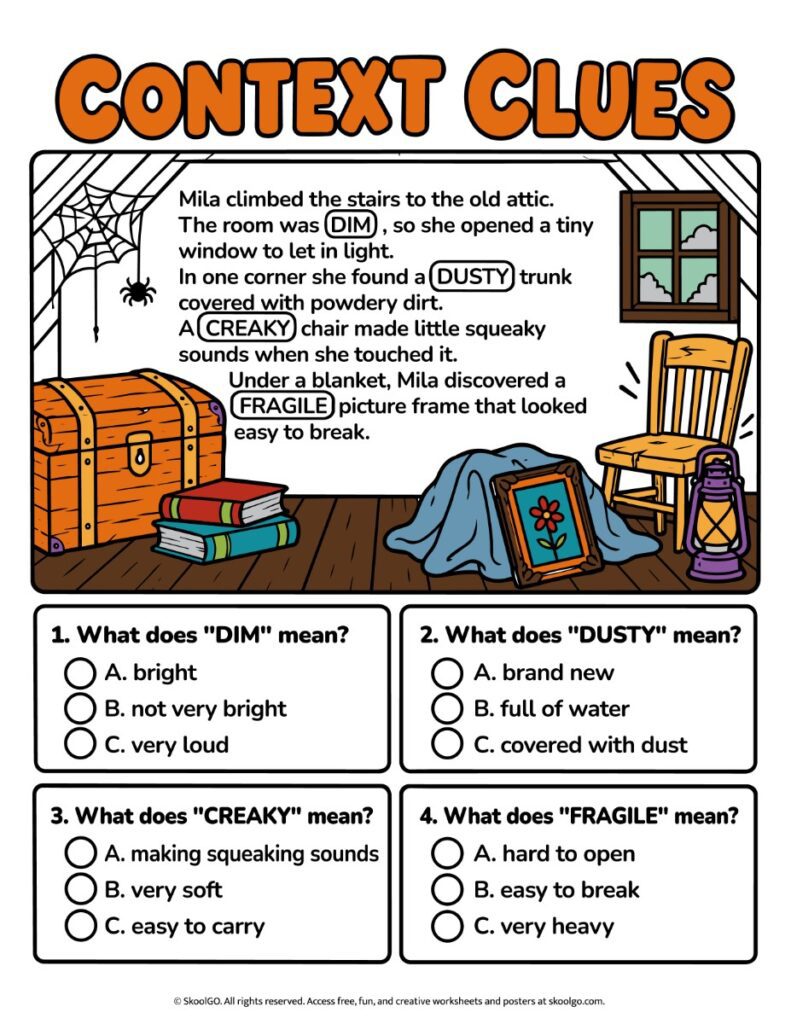 Context Clues – Color Halloween Vocabulary Worksheet Color Halloween context clues worksheet with an attic story, four highlighted vocabulary words, and multiple-choice meaning questions.