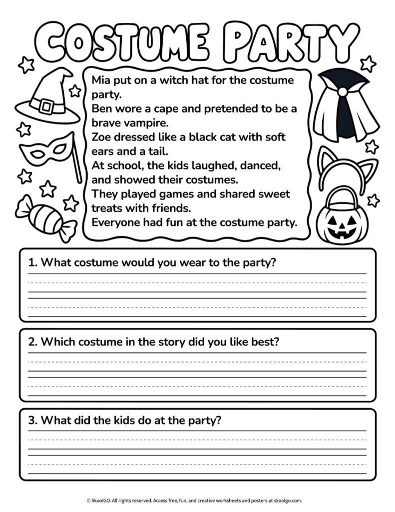 Costume Party – Black-and-White Halloween Reading Worksheet Black-and-white Halloween reading worksheet with a costume party story, three open-ended questions, handwriting lines, and costume illustrations.