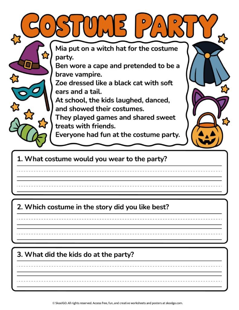 Costume Party – Color Halloween Reading Comprehension Worksheet Color Halloween reading comprehension worksheet with a costume party story, three written-response questions, and colorful costume illustrations.