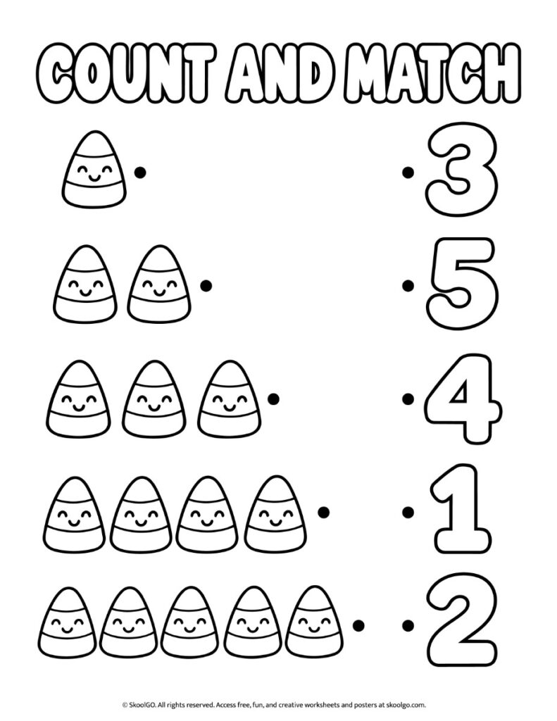 Count and Match – Black-and-White Halloween Counting Worksheet Black-and-white Halloween counting worksheet with five groups of candy corn to count and match to numbers 1 through 5.