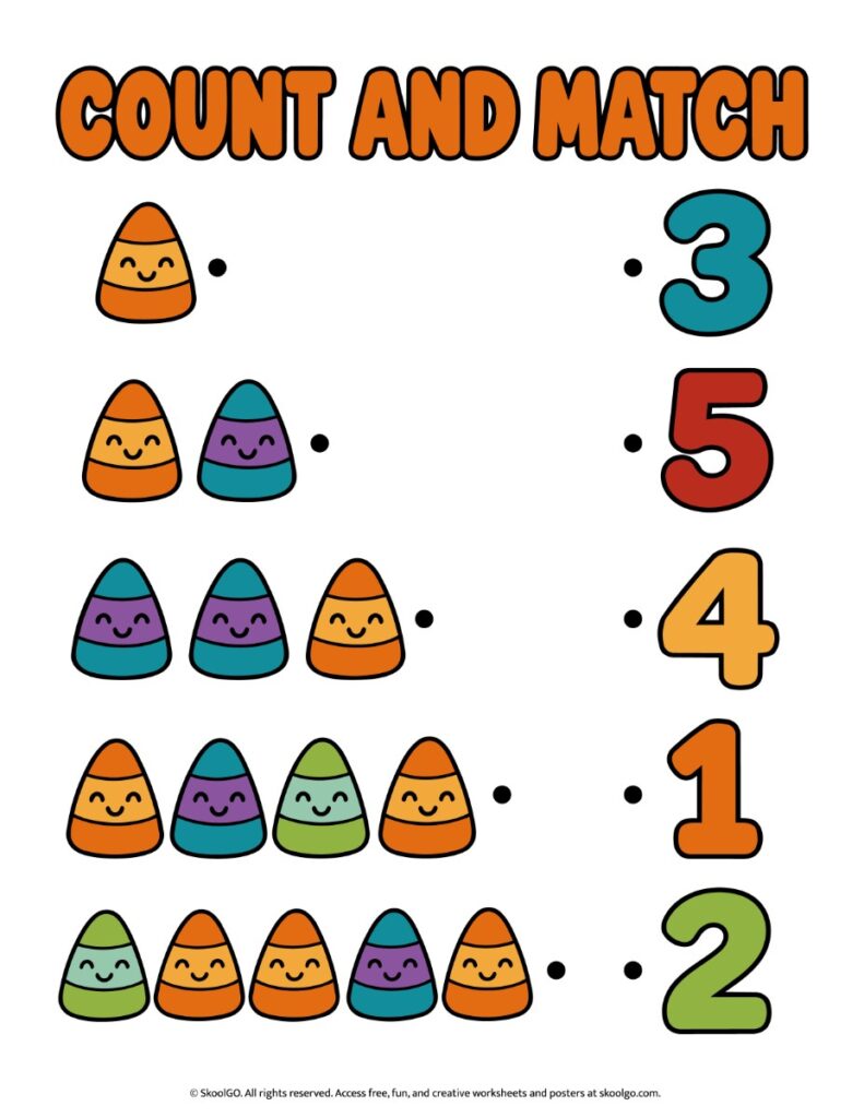 Count and Match – Color Halloween Counting Worksheet Color Halloween counting worksheet with groups of one to five smiling candy corn pieces to match with numbers 1 through 5.