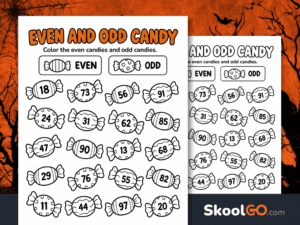 Even and Odd Candy coloring worksheet with an orange heading, even and odd candy examples, and 20 numbered candies.