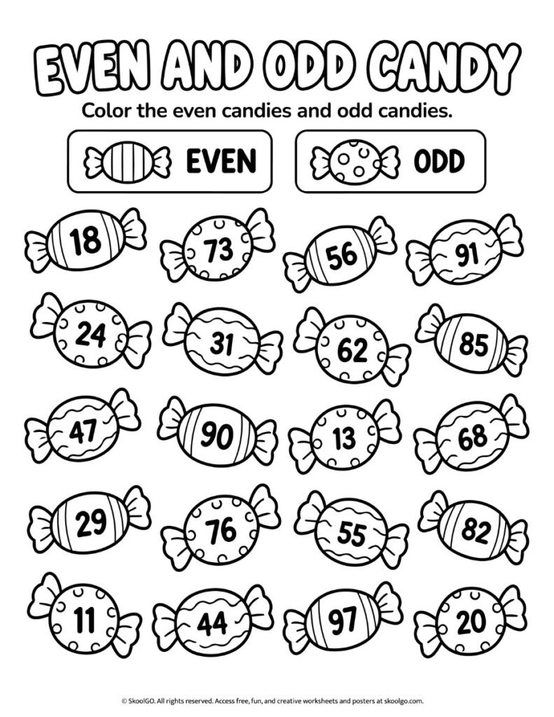 Even and Odd Candy Worksheet – Black-and-White Version Black-and-white even and odd candy coloring worksheet featuring 20 numbered candies and a guide for identifying even and odd numbers.