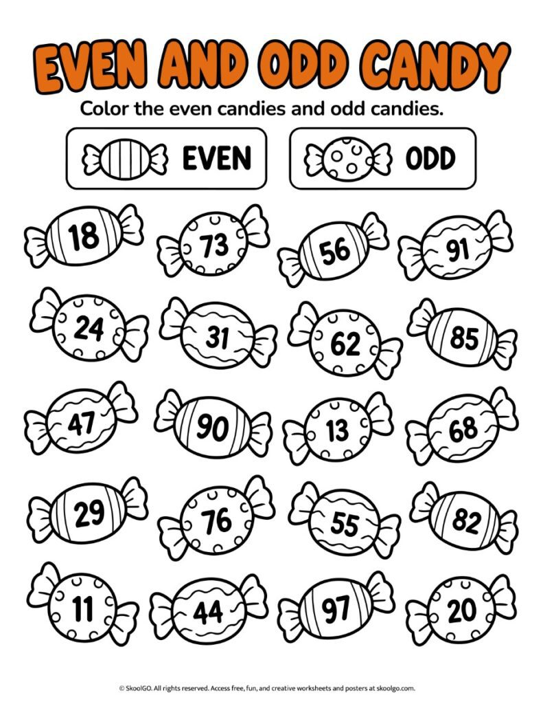 Even and Odd Candy Worksheet – Orange Title Version Printable candy worksheet with an orange title, even and odd number examples, and 20 candies labeled with two-digit numbers.