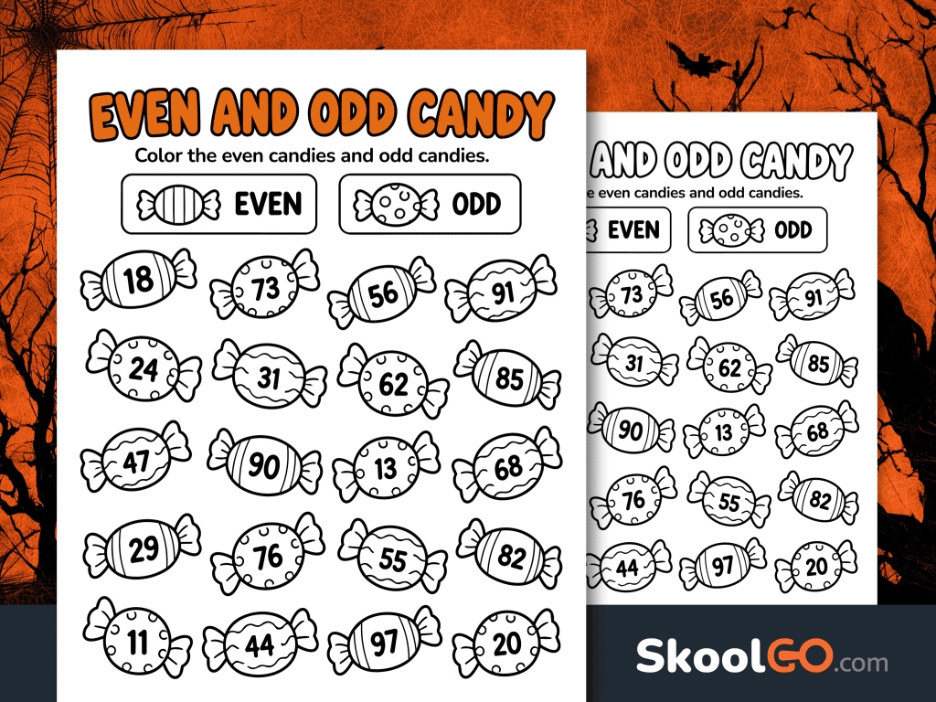 Even and Odd Candy coloring worksheet with an orange heading, even and odd candy examples, and 20 numbered candies.