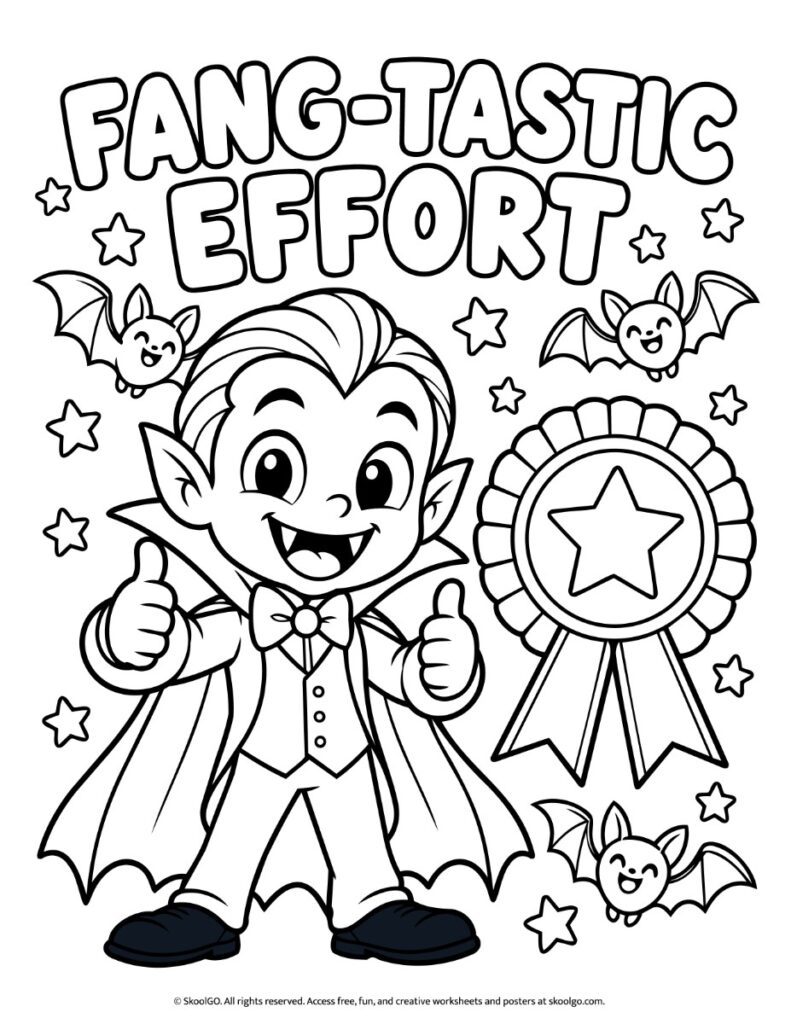 Fang-Tastic Effort – Halloween Coloring Poster Black-and-white Fang-Tastic Effort coloring poster with an outlined vampire, bats, stars, and a large award ribbon.