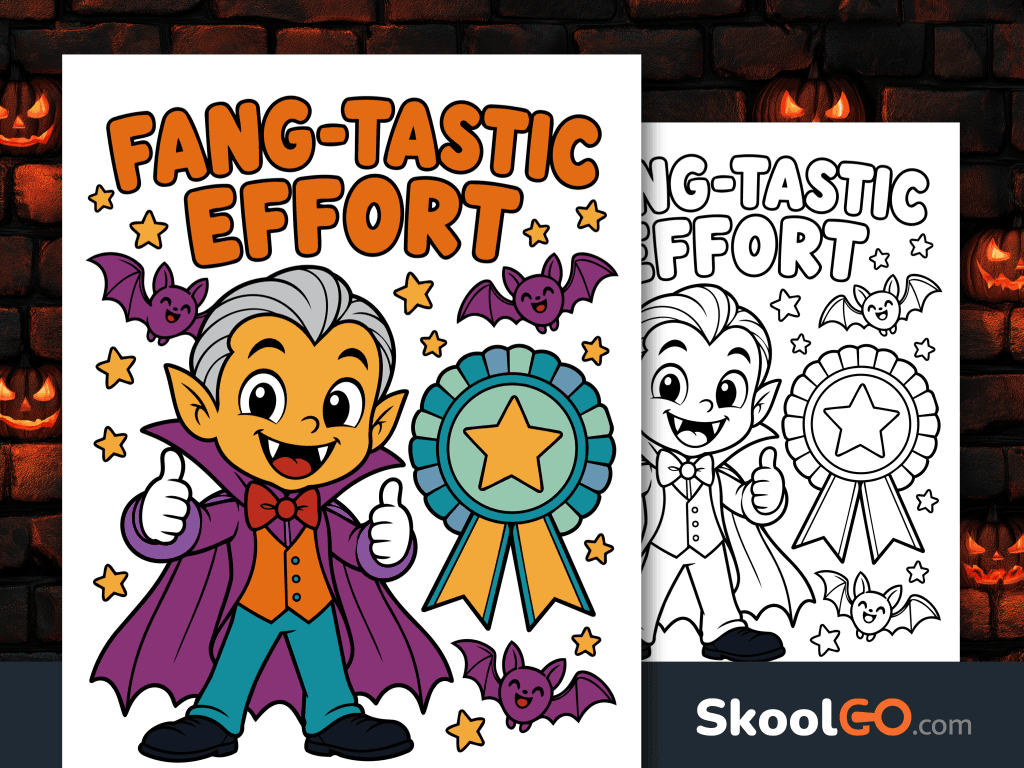 Colorful Fang-Tastic Effort Halloween poster featuring a smiling vampire, purple bats, yellow stars, and an award ribbon.