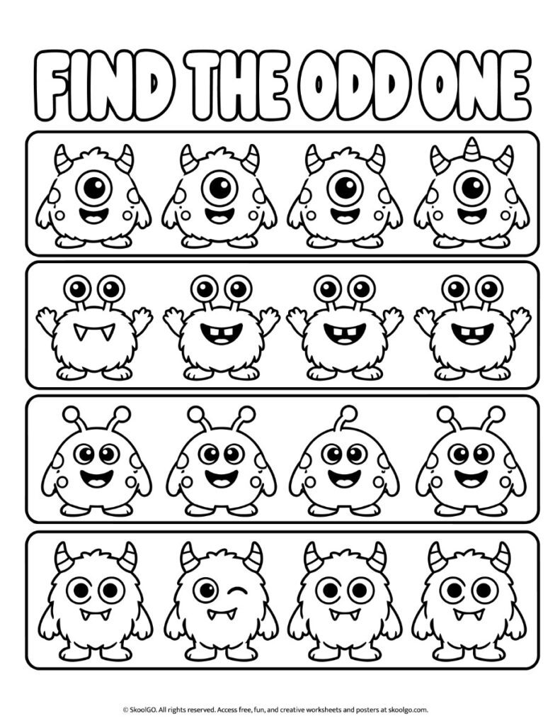Find the Odd One – Black-and-White Halloween Visual Discrimination Worksheet Black-and-white Halloween find the odd one out worksheet featuring four rows of monsters with one different character in each row.