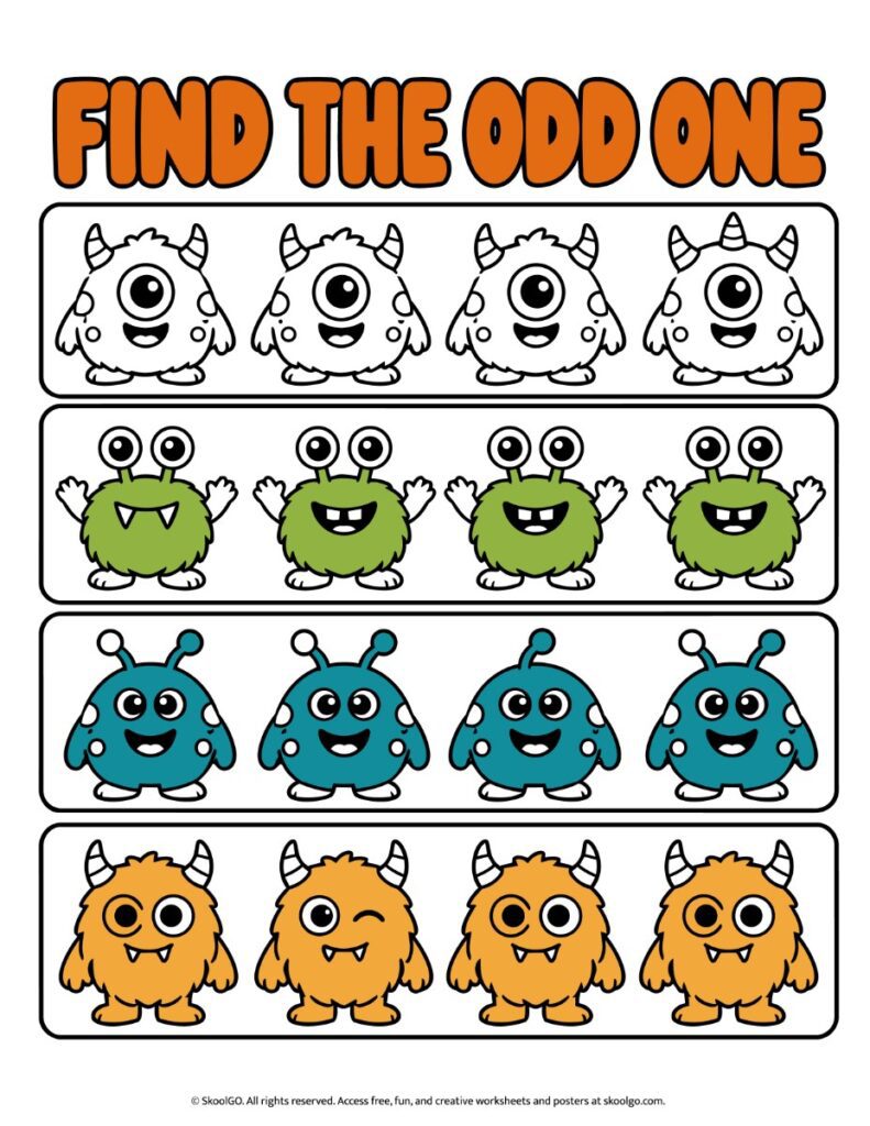 Find the Odd One – Color Halloween Visual Discrimination Worksheet Color Halloween find the odd one out worksheet with four rows of cute monsters, each containing one character with a different feature.