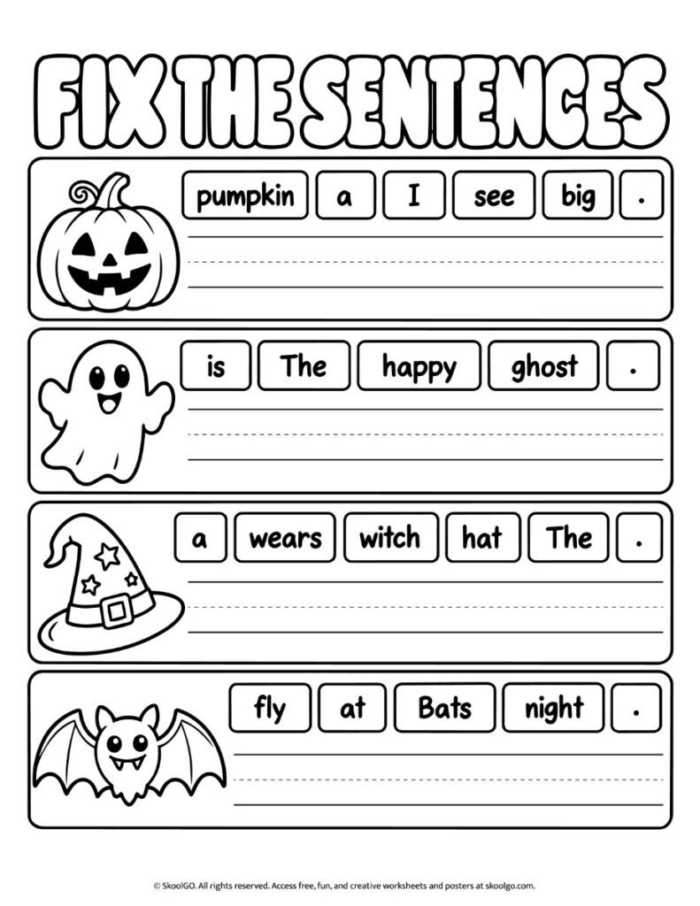 Fix the Sentences – Black-and-White Halloween Sentence Building Worksheet Black-and-white Halloween sentence building worksheet with four sets of scrambled words, handwriting lines, and outlined Halloween illustrations.