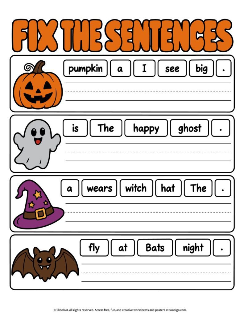 Fix the Sentences – Color Halloween Sentence Building Worksheet Color Halloween sentence building worksheet with four scrambled sentences, pumpkin, ghost, witch hat, and bat illustrations, and handwriting lines.