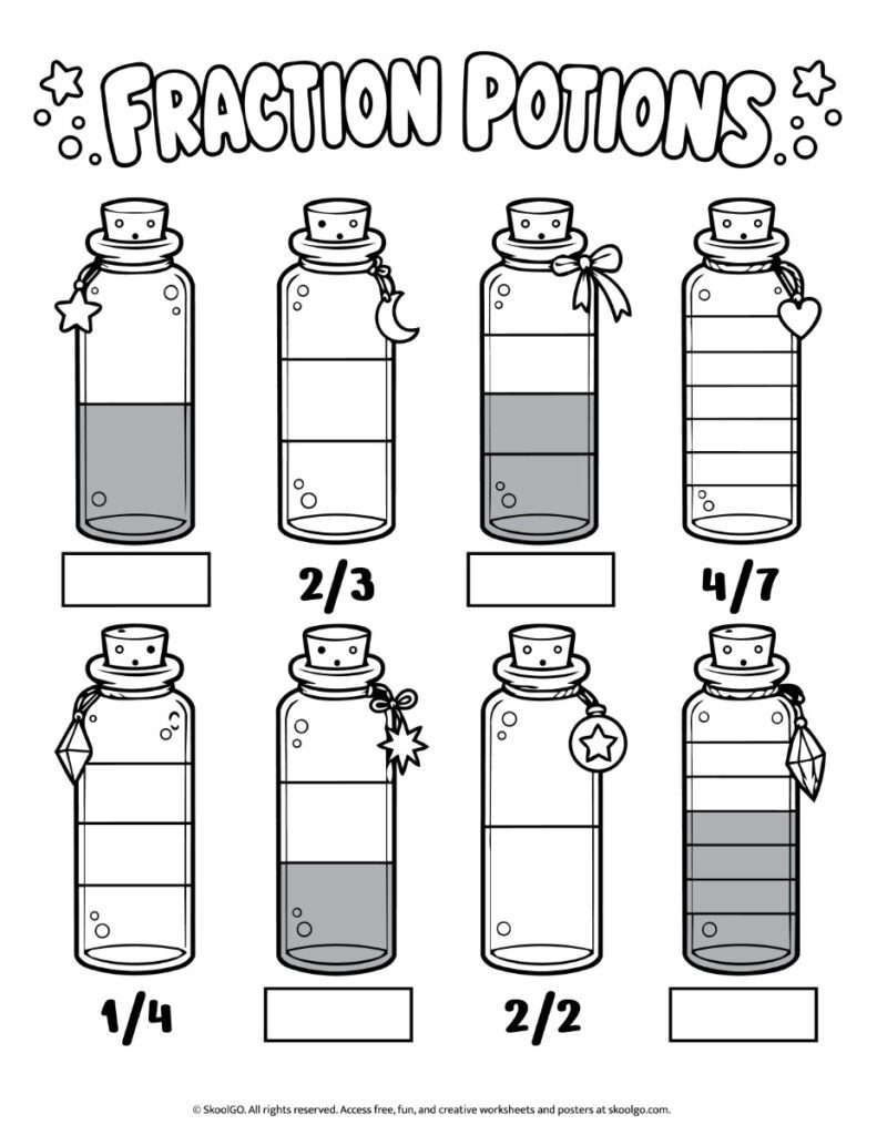 Fraction Potions – Black-and-White Halloween Fractions Worksheet Black-and-white Halloween fractions worksheet featuring eight potion bottles with shaded sections, fraction labels, and answer boxes.