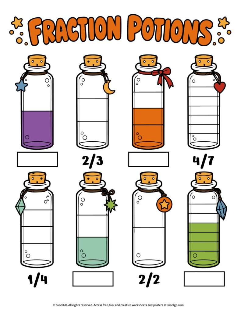 Fraction Potions – Color Halloween Fractions Worksheet Halloween fractions worksheet with eight potion bottles, shaded fractional parts, and blank spaces for students to write fractions.