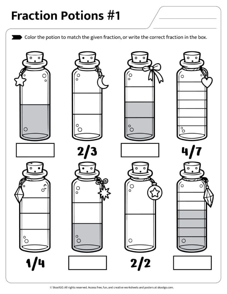 Fraction Potions Worksheet 1 Black and White Black and white Fraction Potions Worksheet 1 for coloring and fraction practice