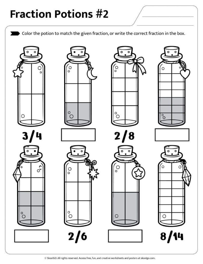 Fraction Potions Worksheet 2 Black and White Printable black and white Fraction Potions Worksheet 2