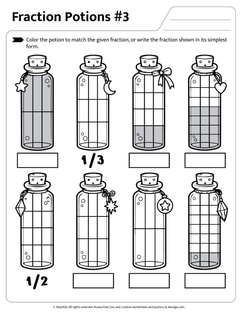 Fraction Potions Worksheet 3 Black and White Black and white Fraction Potions Worksheet 3 for simplifying fractions