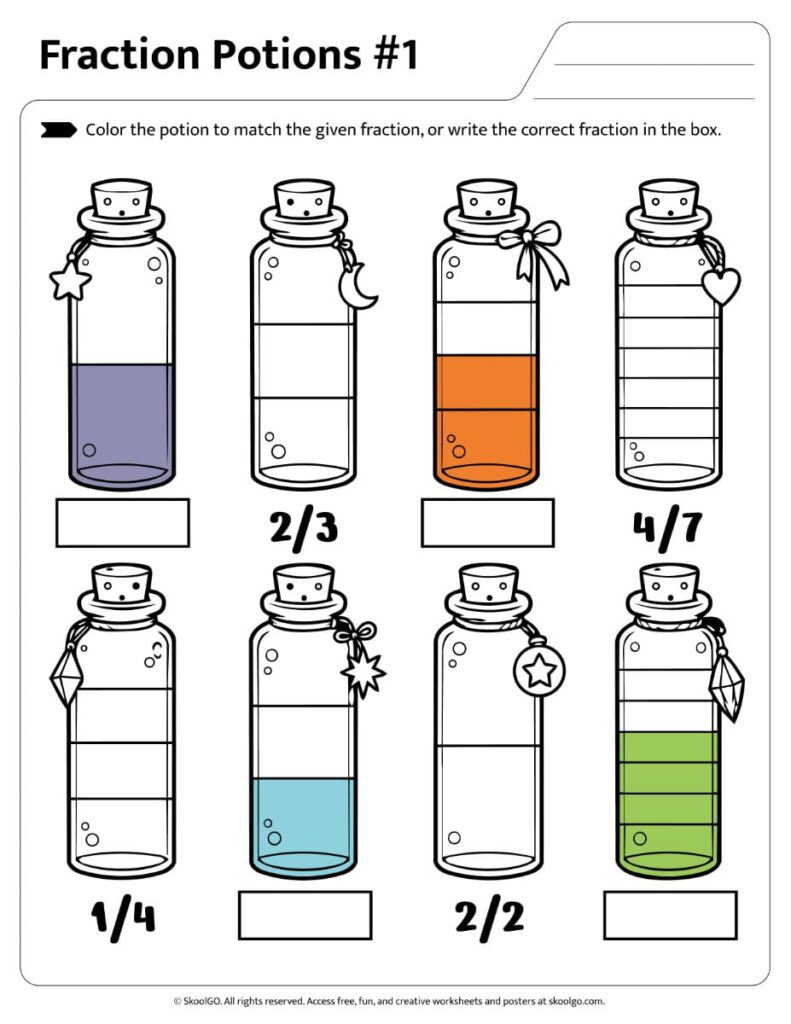 Fraction Potions Worksheet 1 Color Version Students color potion bottles and identify fractions in Fraction Potions Worksheet 1