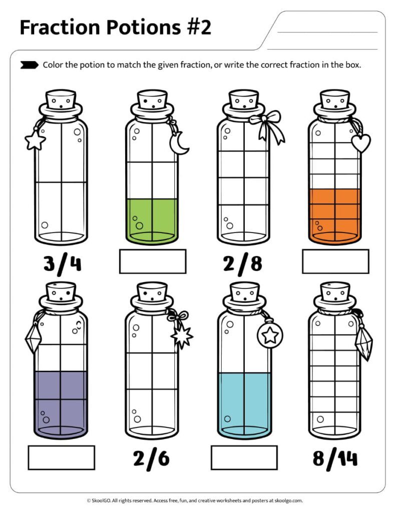 Fraction Potions Worksheet 2 Color Version Printable Fraction Potions Worksheet 2 featuring visual fraction models