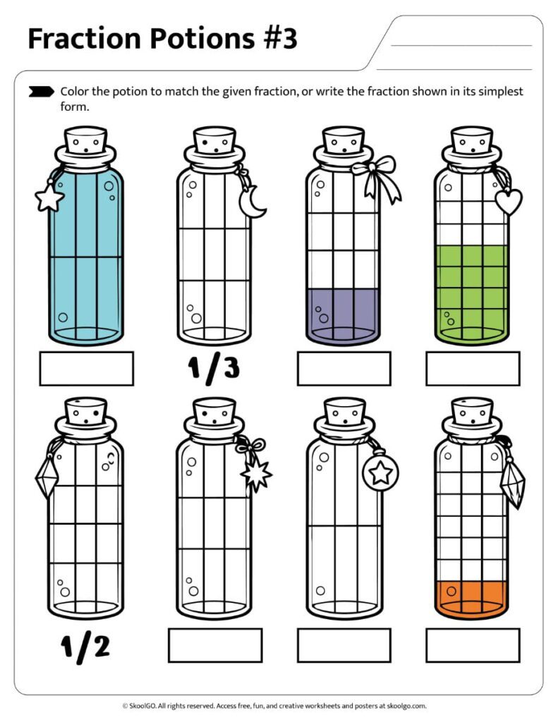 Fraction Potions Worksheet 3 Color Version Fraction Potions Worksheet 3 with fraction simplification activities