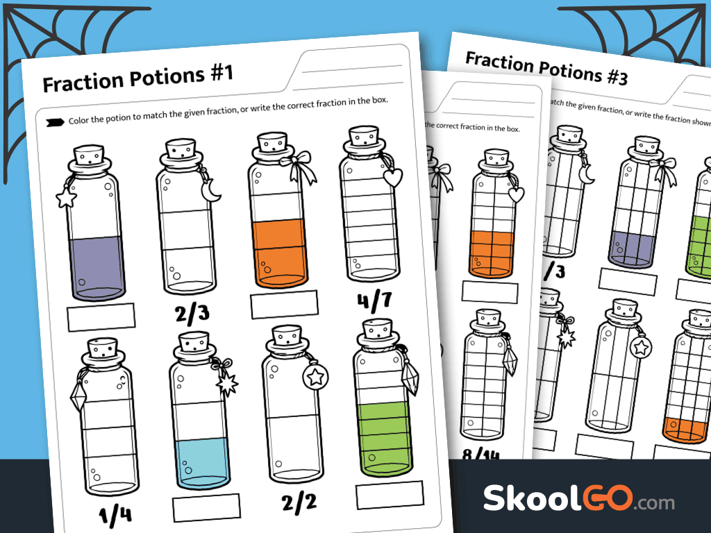 Fraction Potions Math Worksheets free printable PDF for practicing visual fractions