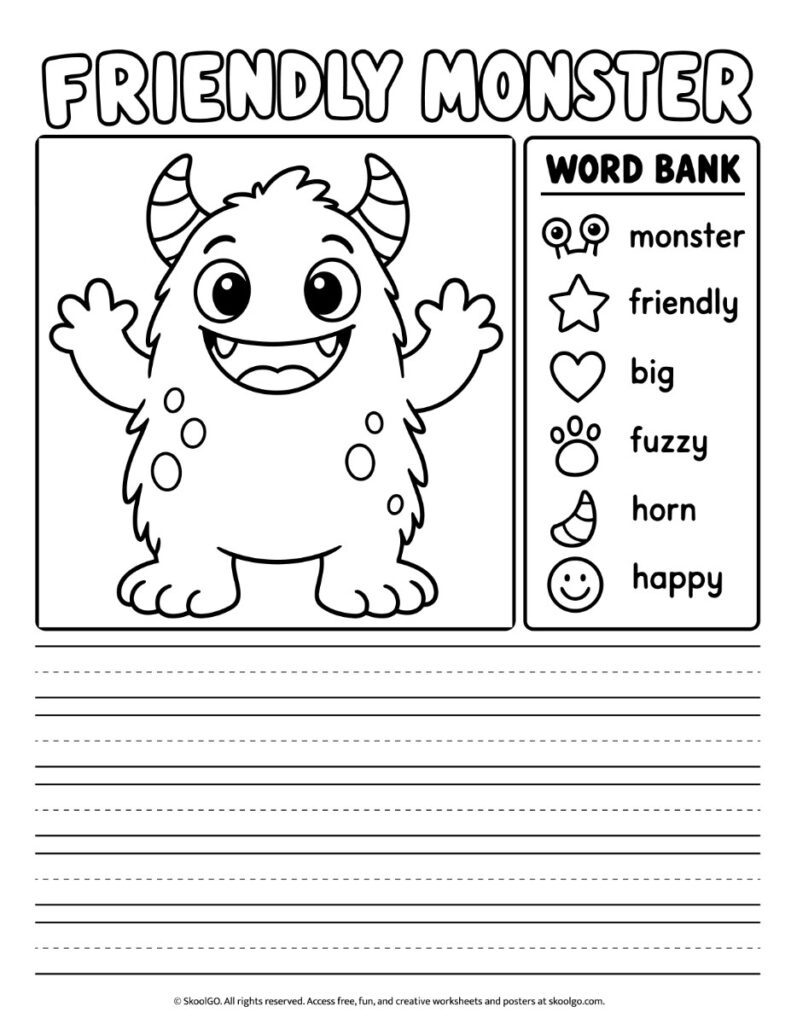 Friendly Monster – Black-and-White Halloween Writing Worksheet Black-and-white Friendly Monster writing worksheet featuring an outlined monster, a six-word descriptive vocabulary bank, and handwriting lines.