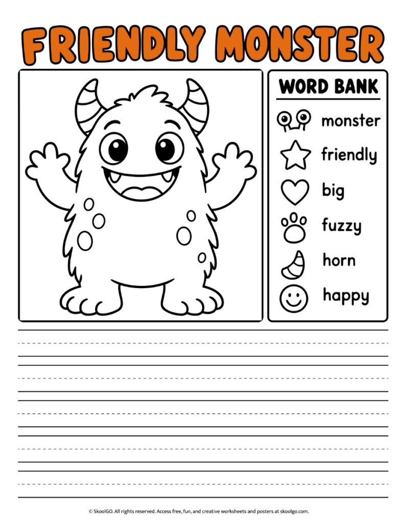 Friendly Monster – Color Halloween Descriptive Writing Worksheet Halloween descriptive writing worksheet with a smiling, horned monster, six vocabulary words, and handwriting lines for writing sentences.