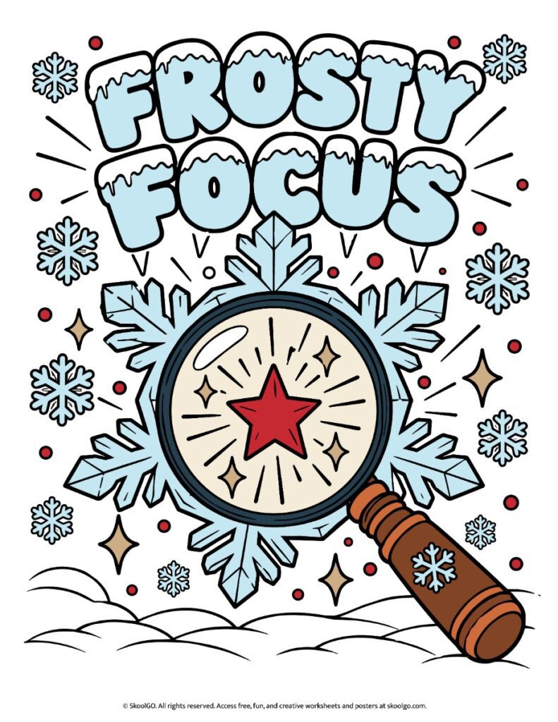 Full-color Frosty Focus poster featuring blue snow-covered letters, winter snowflakes, and a magnifying glass with a red star.