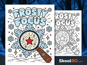 Colorful Frosty Focus poster with icy blue lettering, snowflakes, and a magnifying glass highlighting a red star.