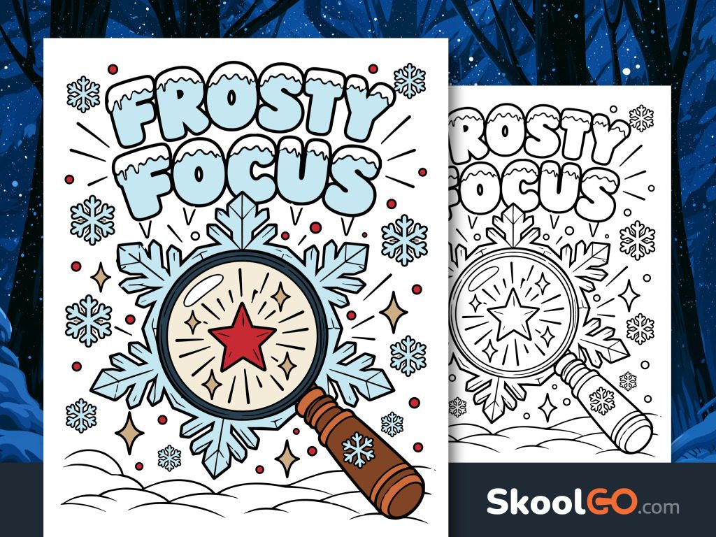 Colorful Frosty Focus poster with icy blue lettering, snowflakes, and a magnifying glass highlighting a red star.