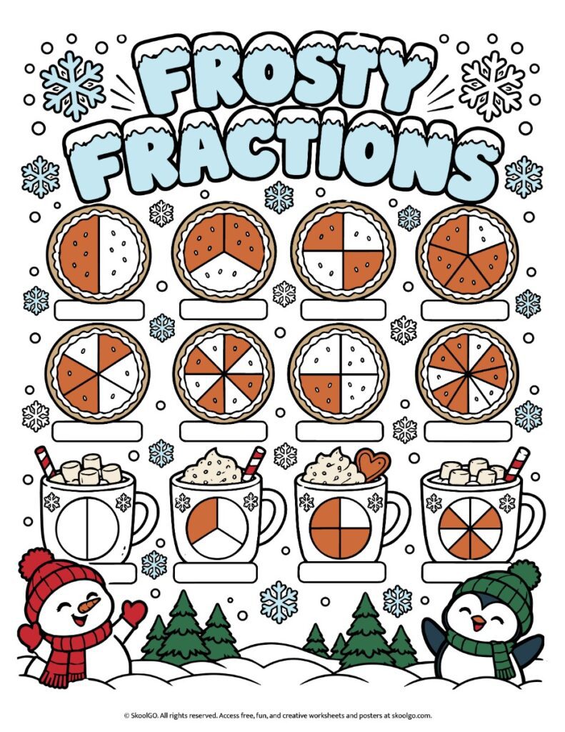 Frosty Fractions – Color Fraction Identification Worksheet Color Frosty Fractions worksheet with eight shaded pies, four hot cocoa fraction models, and blank boxes for writing fractions.
