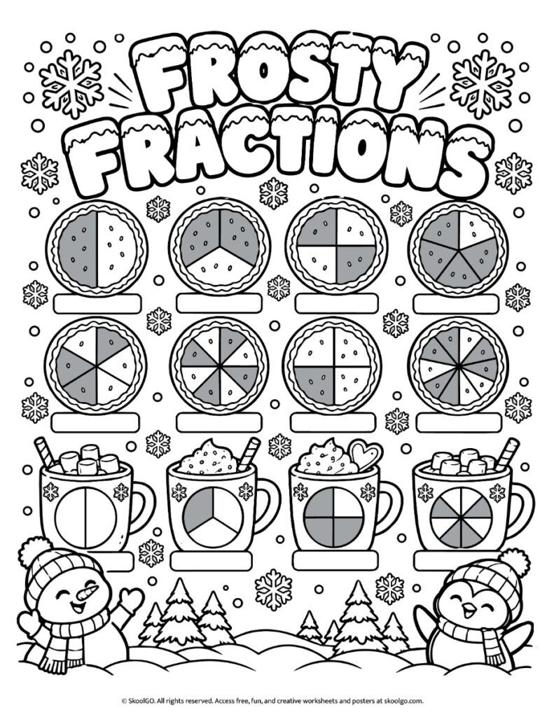 Frosty Fractions – Grayscale Printable Worksheet Grayscale Frosty Fractions worksheet showing twelve shaded fraction models with pies, hot cocoa mugs, and winter illustrations.