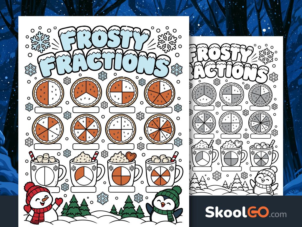 Frosty Fractions worksheet with shaded pie and hot cocoa fraction models, snowflakes, a snowman, and a penguin.