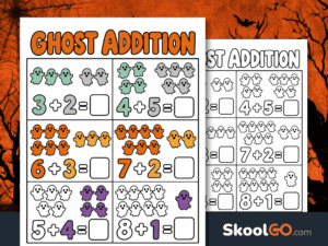 Colorful ghost addition worksheet featuring six single-digit addition problems, illustrated Halloween ghosts, and blank answer boxes.