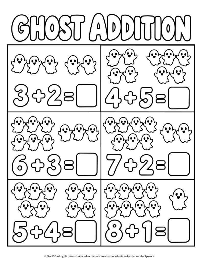 Ghost Addition Worksheet – Black-and-White Printable Black-and-white ghost addition worksheet with six counting problems, outlined ghosts to color, and empty answer boxes.