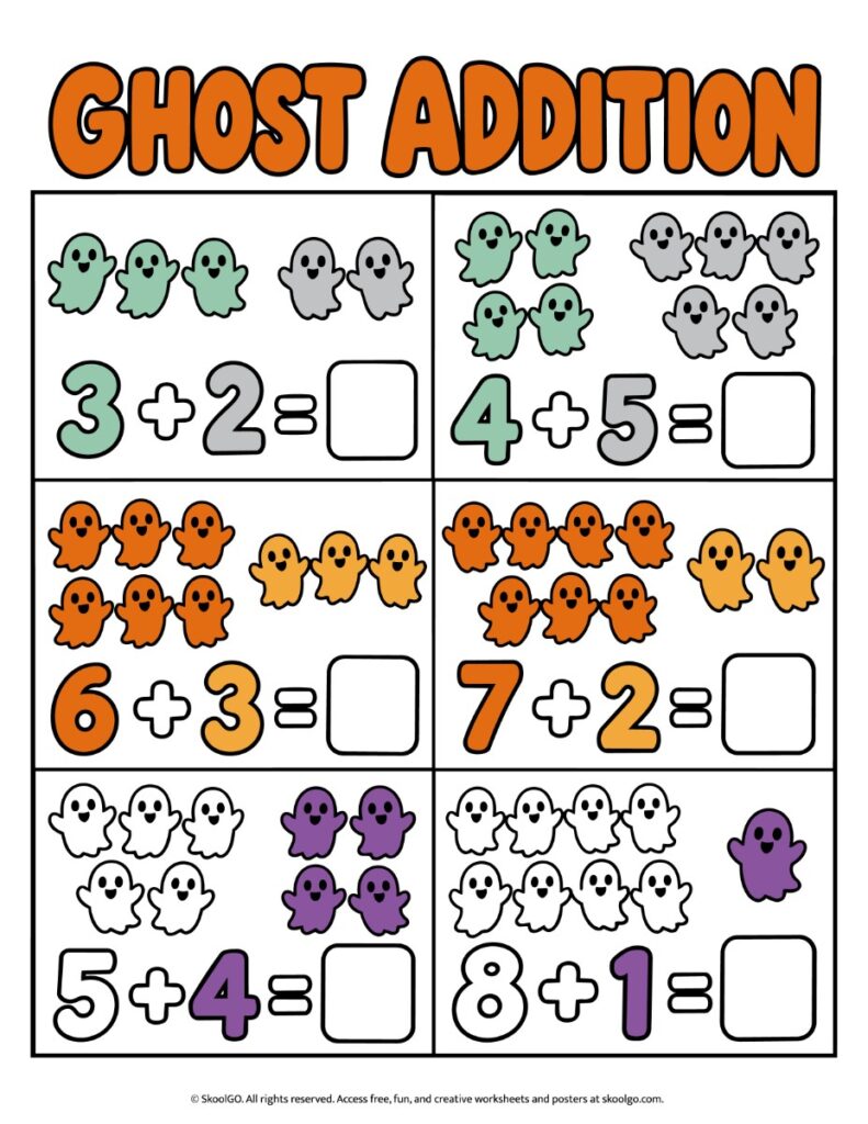 Ghost Addition Worksheet – Color Halloween Math Printable Color ghost addition worksheet with six Halloween-themed equations, illustrated ghost groups, and blank boxes for sums.