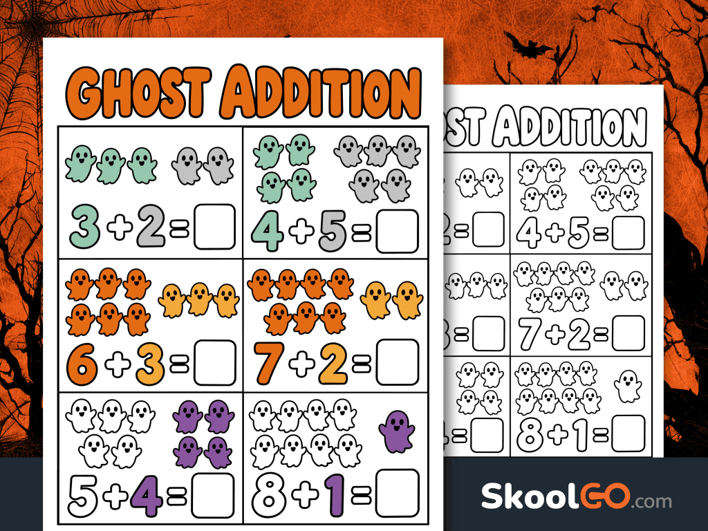 Colorful ghost addition worksheet featuring six single-digit addition problems, illustrated Halloween ghosts, and blank answer boxes.