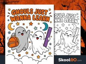 Ghouls Just Wanna Learn Halloween poster featuring two smiling ghosts with a school backpack and ruler, surrounded by colorful stars and crescent moons.