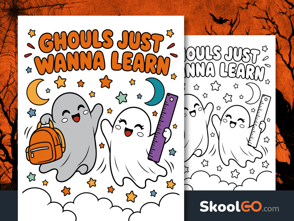 Ghouls Just Wanna Learn Halloween poster featuring two smiling ghosts with a school backpack and ruler, surrounded by colorful stars and crescent moons.