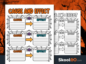 Halloween cause and effect worksheet with three writing organizers, spiderweb borders, purple spiders, and orange arrows.