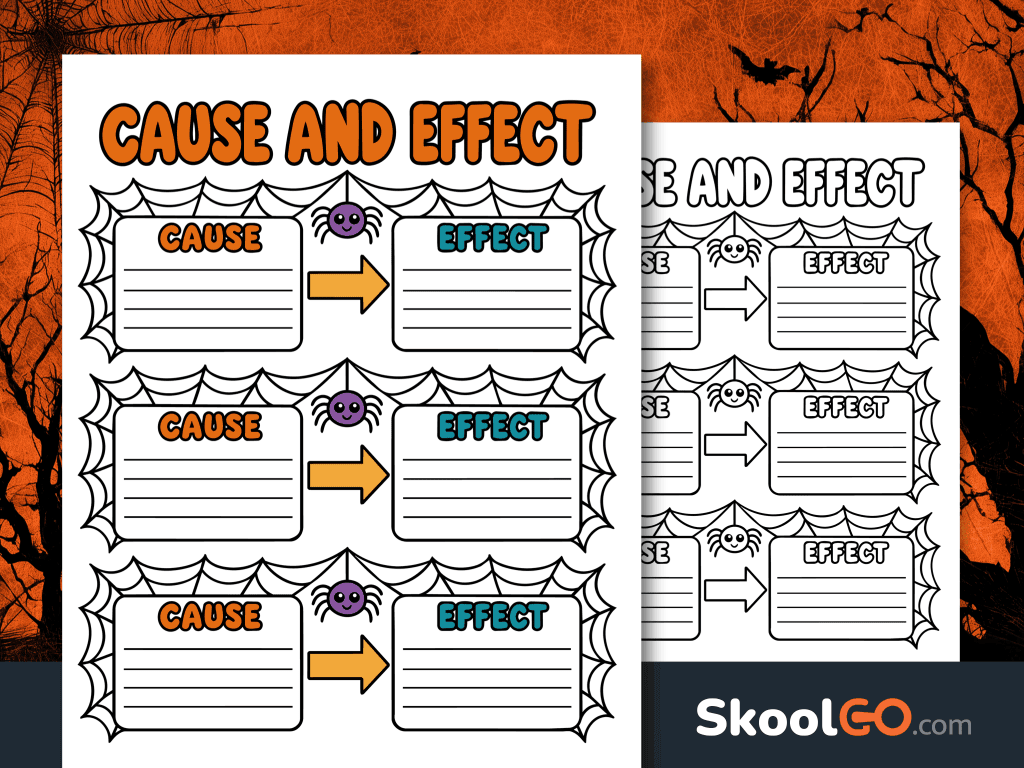 Halloween cause and effect worksheet with three writing organizers, spiderweb borders, purple spiders, and orange arrows.