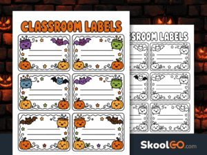Six printable Halloween classroom labels featuring smiling pumpkins, bats, bubbling cauldrons, stars, and blank writing lines.