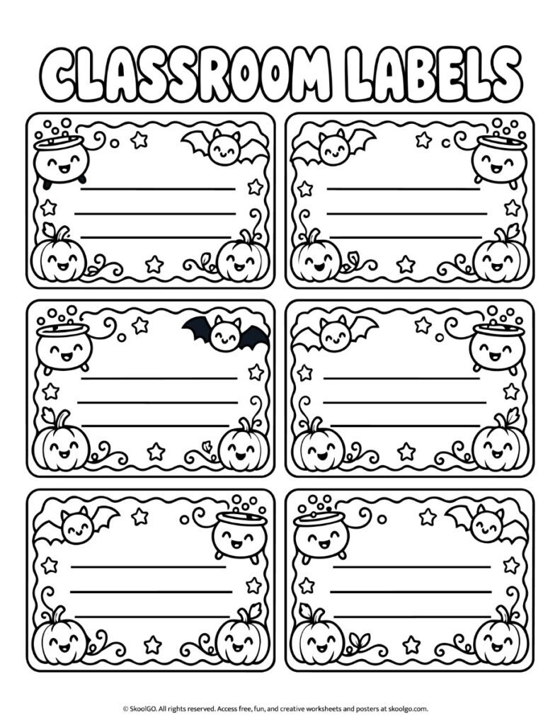 Halloween Classroom Labels – Black-and-White Printable Six black-and-white Halloween classroom labels with outlined pumpkins, bats, and cauldrons ready for optional coloring.
