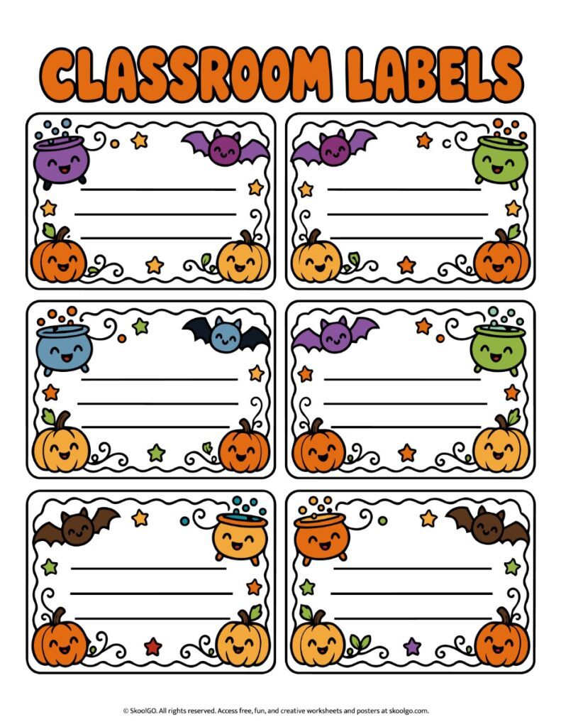 Halloween Classroom Labels – Full-Color Printable Six colorful Halloween classroom labels with pumpkins, bats, cauldrons, stars, and three blank writing lines each.