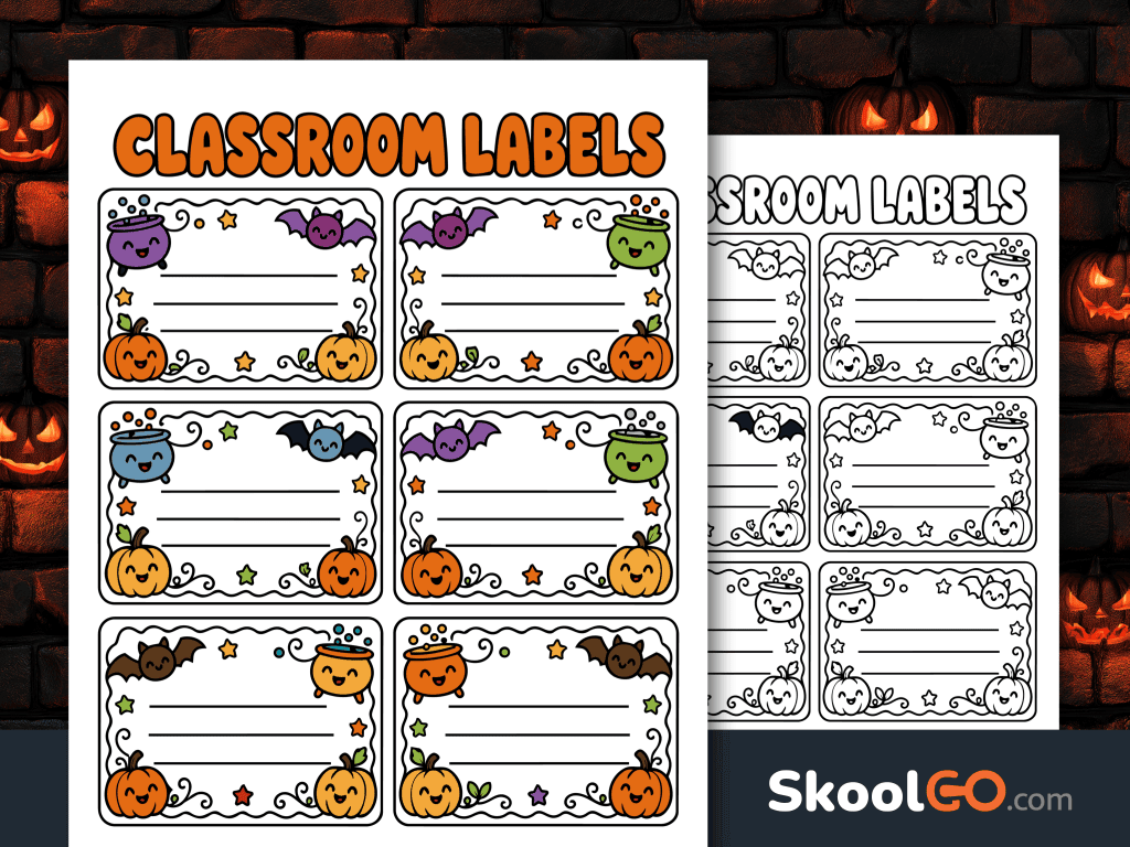 Six printable Halloween classroom labels featuring smiling pumpkins, bats, bubbling cauldrons, stars, and blank writing lines.