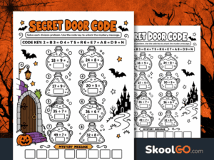 Halloween division mystery code worksheet with eight potion bottle division problems, a secret letter code, pumpkins, bats, and a haunted castle.