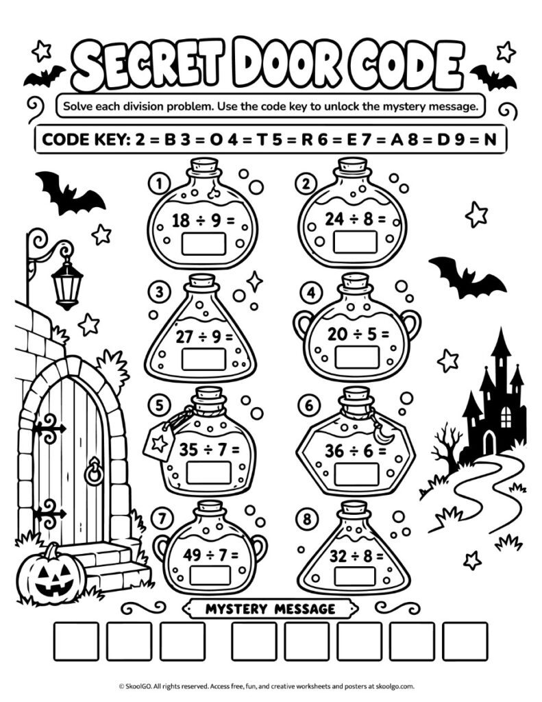Secret Door Code – Black-and-White Division Worksheet Black-and-white Halloween division worksheet featuring eight potion bottle math problems, a letter code key, and spooky illustrations to color.