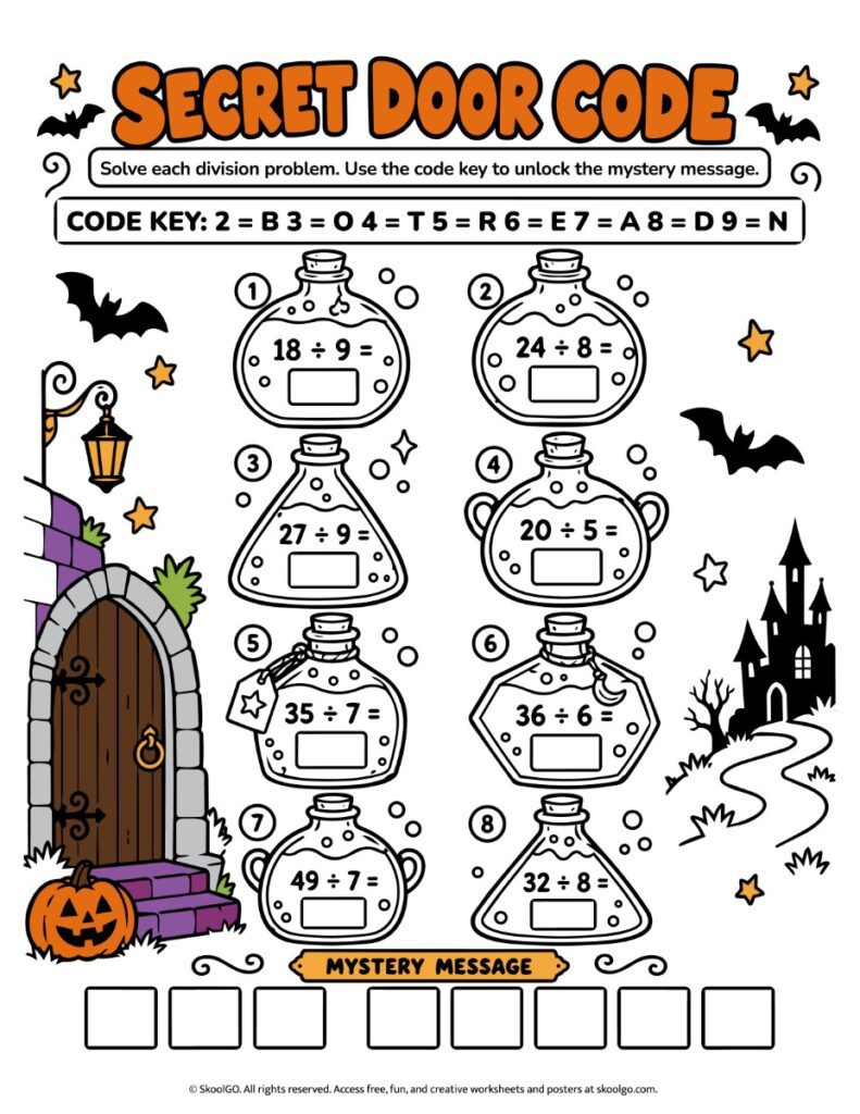 Secret Door Code – Color Halloween Division Puzzle Color Halloween math worksheet with eight division equations inside potion bottles and empty boxes for decoding a mystery message.