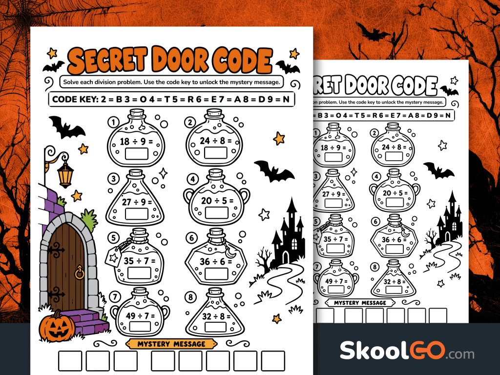 Halloween division mystery code worksheet with eight potion bottle division problems, a secret letter code, pumpkins, bats, and a haunted castle.