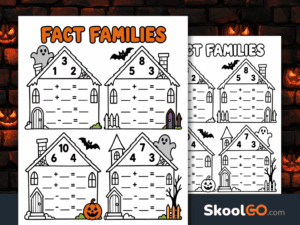 Halloween fact families worksheet featuring four haunted houses with number triangles, addition and subtraction equations, ghosts, bats, and a pumpkin.